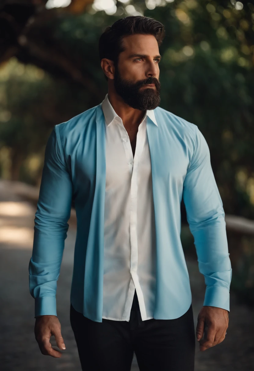 Um homem de 37 anos, branco, olhos castanhos escuro, cabelos preto curto, He doesn't have a beard, usando uma camisa branca com um fundo azul