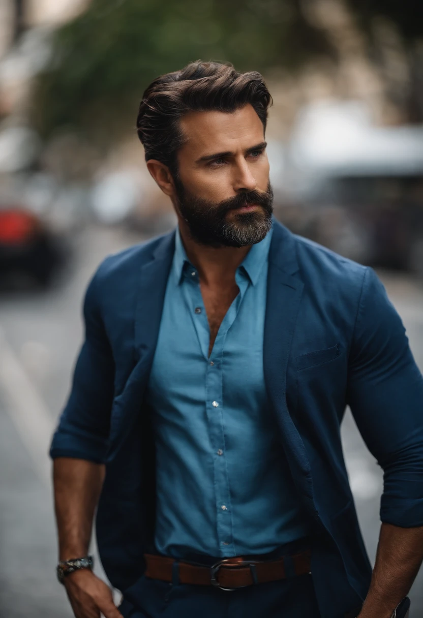A man with a beard and a blue shirt is standing on the street - SeaArt AI
