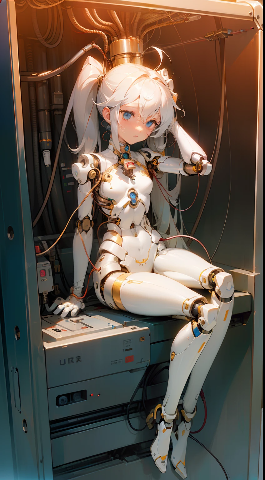 A Female robot is sleeping in bedroom, spread legs, nude, banzai pose. she wears no dress. She Brown short hair is tied with two big red clothespins, She lifts up the under hem of her white plain dress, leaning over, masterpiece, very short pigtails,brown hair, mature, android, blue eyes, full body figure, Height: 160cm, flushed cheeks, 2020s anime picture, A beautiful robot with short brown hair in two short pigtails held up by two very large huge red clothespins, Uplifting, No NSFW, whole body, barefoot, archaic smile, getting orgasm, 25 years old, sweat bucket. 