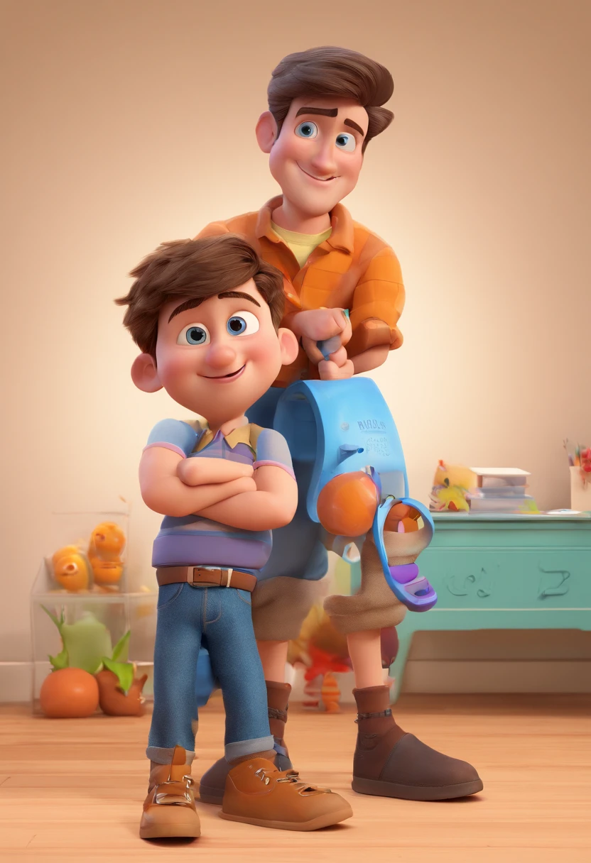 Estilo Pixar: The grown man is holding a naked blue-eyed boy and in his other hand he is holding a pair of scissors and is trying to cut off the boy's testicles,3D Poster,Disney