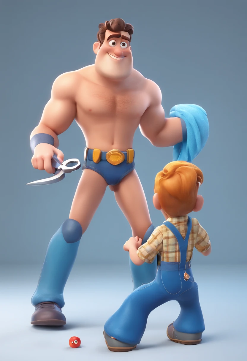 Estilo Pixar: The grown man is holding a naked blue-eyed boy and in his other hand he is holding a pair of scissors and is trying to cut off the boy's testicles,3D Poster,Disney