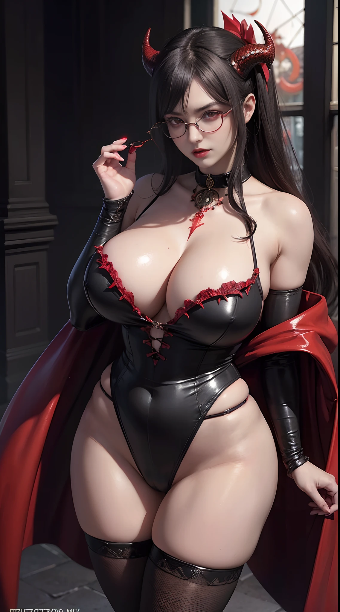 (8K,Photorealista　Raw photography　Superior Quality;1.4) Beautuful Women (Lifelike face) (red eyes)　(thick and warm red lips)、Evil Nun、Dark Necromancer、Succubus、Devil's Daughter、Umi Shinonome、Bat Wings，(((Demon Horns)))、 ((((Huge glasses, Otaku Glasses, thick glasses, Round glasses)))),(((Colossal tits)))、(Devil's Tail)、(red eyes glowing:1.6)、red eyes make up very sharp and detailed, The eyes are very well made up, ((Red Eye:1.0)),intricate tattoos, demonic intricate tattoos, thigh tattoos, body tattoos, ​masterpiece、The most beautiful face、a 、Charming smile、plump beautiful red lips、Muscular seductive body、The enchanting body of the devil、devil style、Seductive Black Magic Costume、(((A shiny red snake is wrapped around her body)))、The long-haired、Braids、Black hair、Ponytail distortion、, Ponytail with a bow tied at the back of the hair, Beautiful expression、Body Up、Large breasts emphasis、Bust, Super tight breasts, Breast augmentation surgery, The breasts are very big and round and round,Toned waist、Wide buttocks、 large chest and large tail,,,,,,,,, (Bewitching thighs of the whole body), Very sexy disguise hood standing in water, Vampire Warrior, dark fantasy style art, female vampire, Vampires of the Rasembra clan, dark fantasy character design, in style of dark fantasy art, female occultist, dark fantasy art, gothic fantasy art, in the style of Anne Stokes, beautiful vampire queen, Dark fantasy concept art