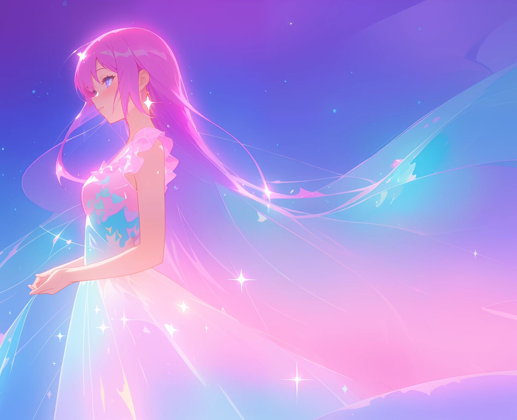 beautiful girl in colorful sparkling flowing ballgown, long flowing purple pink hair, colorful sparkling lights, flowing liquid theme, colorful fantasia background, watercolor illustration, disney art style, glowing aura around her, glowing lights, beautiful digital illustration, fantasia otherworldly landscape plants flowers, beautiful, masterpiece, best quality, anime disney style