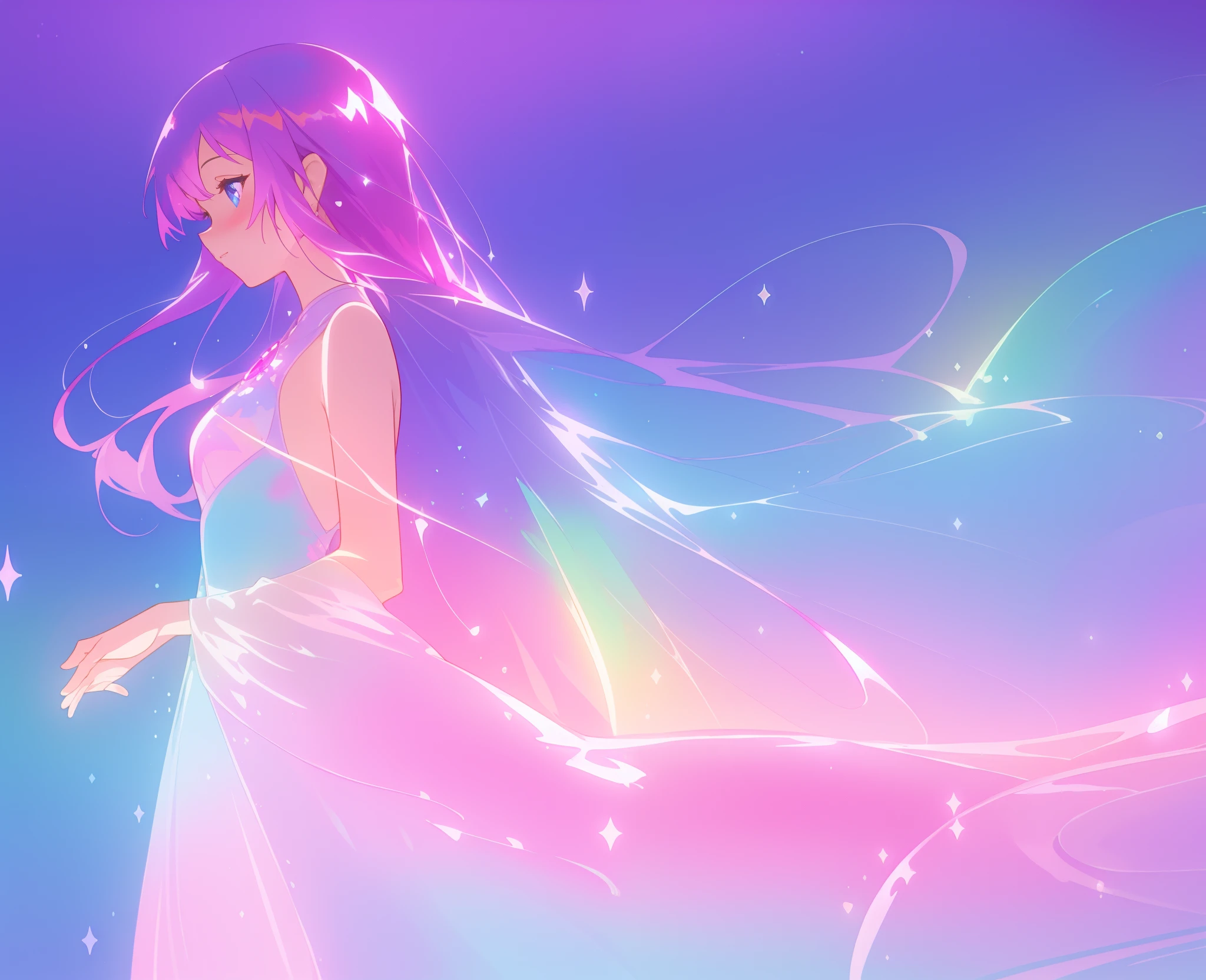 beautiful girl in colorful sparkling flowing ballgown, long flowing purple pink hair, colorful sparkling lights, flowing liquid theme, colorful fantasia background, watercolor illustration, disney art style, glowing aura around her, glowing lights, beautiful digital illustration, fantasia otherworldly landscape plants flowers, beautiful, masterpiece, best quality, anime disney style