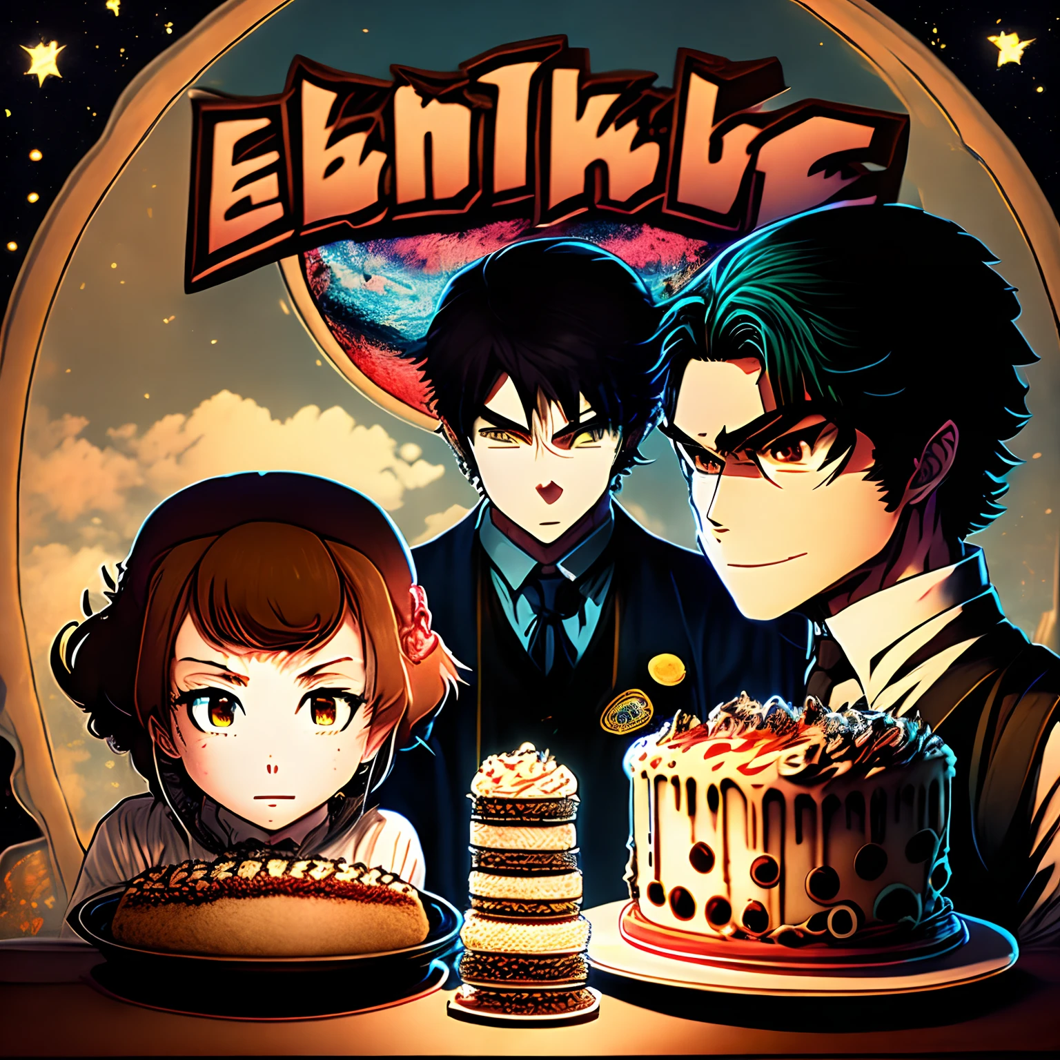 manga style, movie poster style, sitcom suspense, with only the eyes of the family, dog, and cat shining in the darkness, and a delicious-looking cake on the table in front of their eyes. The beginning of the battle.