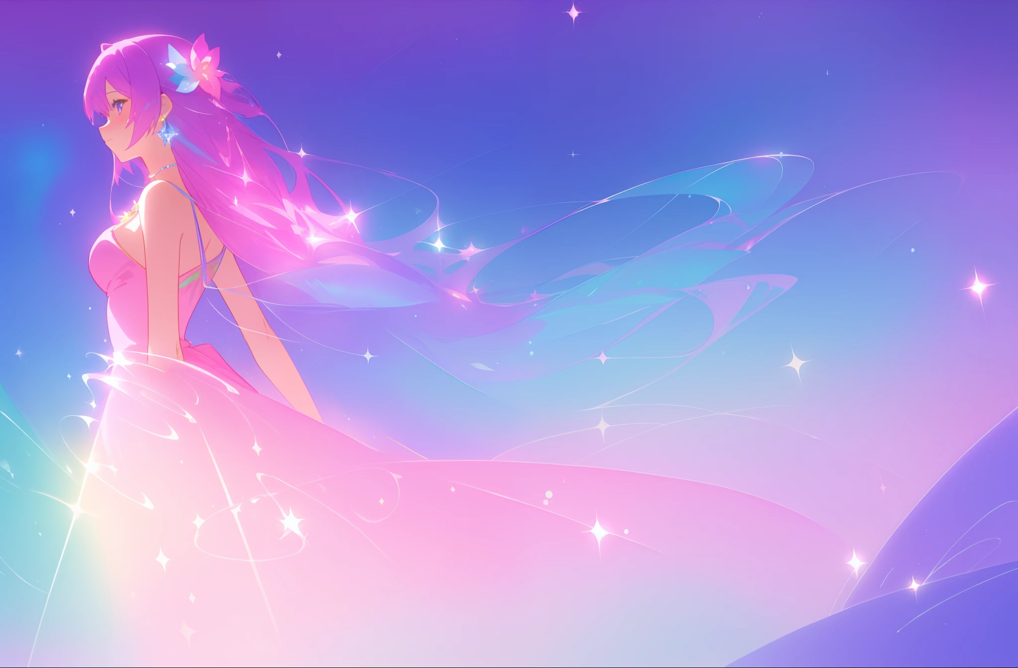beautiful girl in colorful sparkling flowing ballgown, long flowing purple pink hair, colorful sparkling lights, flowing liquid theme, colorful fantasia background, watercolor illustration, disney art style, glowing aura around her, glowing lights, beautiful digital illustration, fantasia otherworldly landscape plants flowers, beautiful, masterpiece, best quality, anime disney style