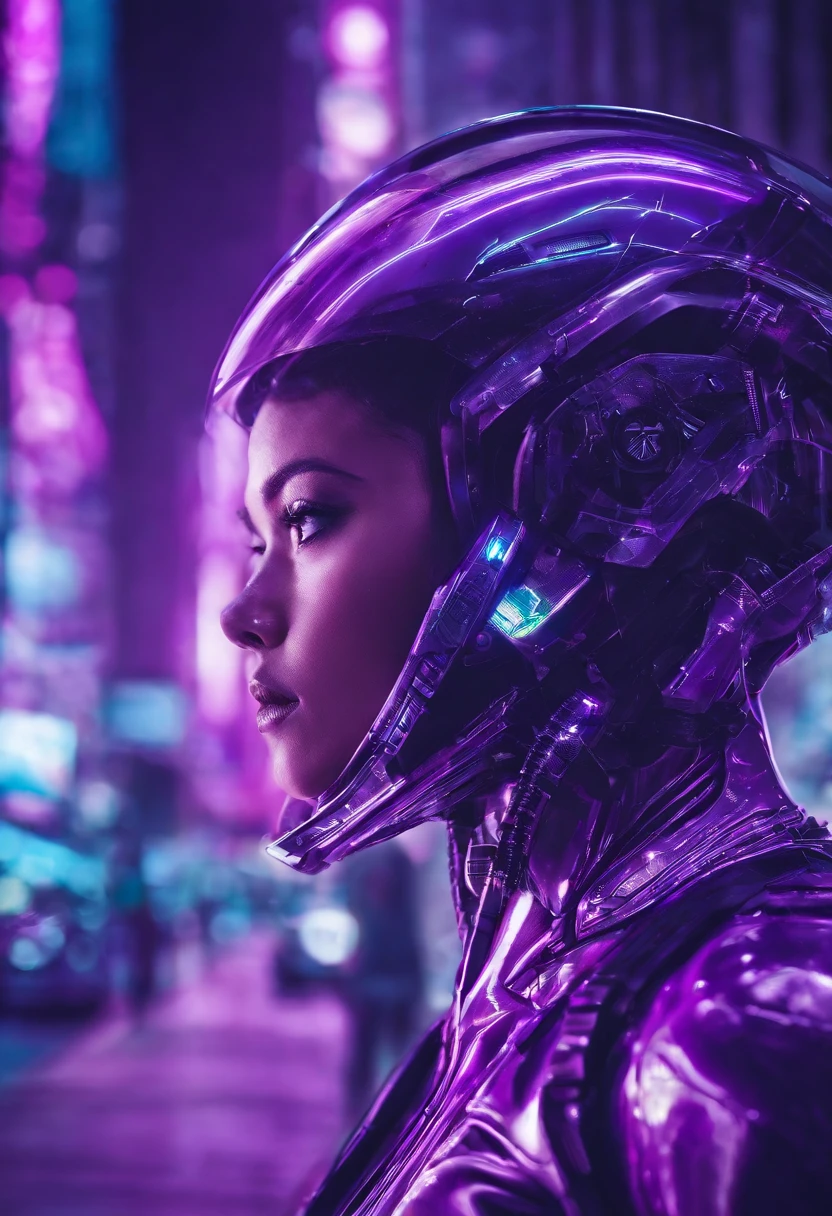 a close up of a person in a purple outfit on a city street, Hyperrealism, depth of field, cinematic lighting, vignetting, UHD, masterpiece, ccurate, super detail, best quality, 4K