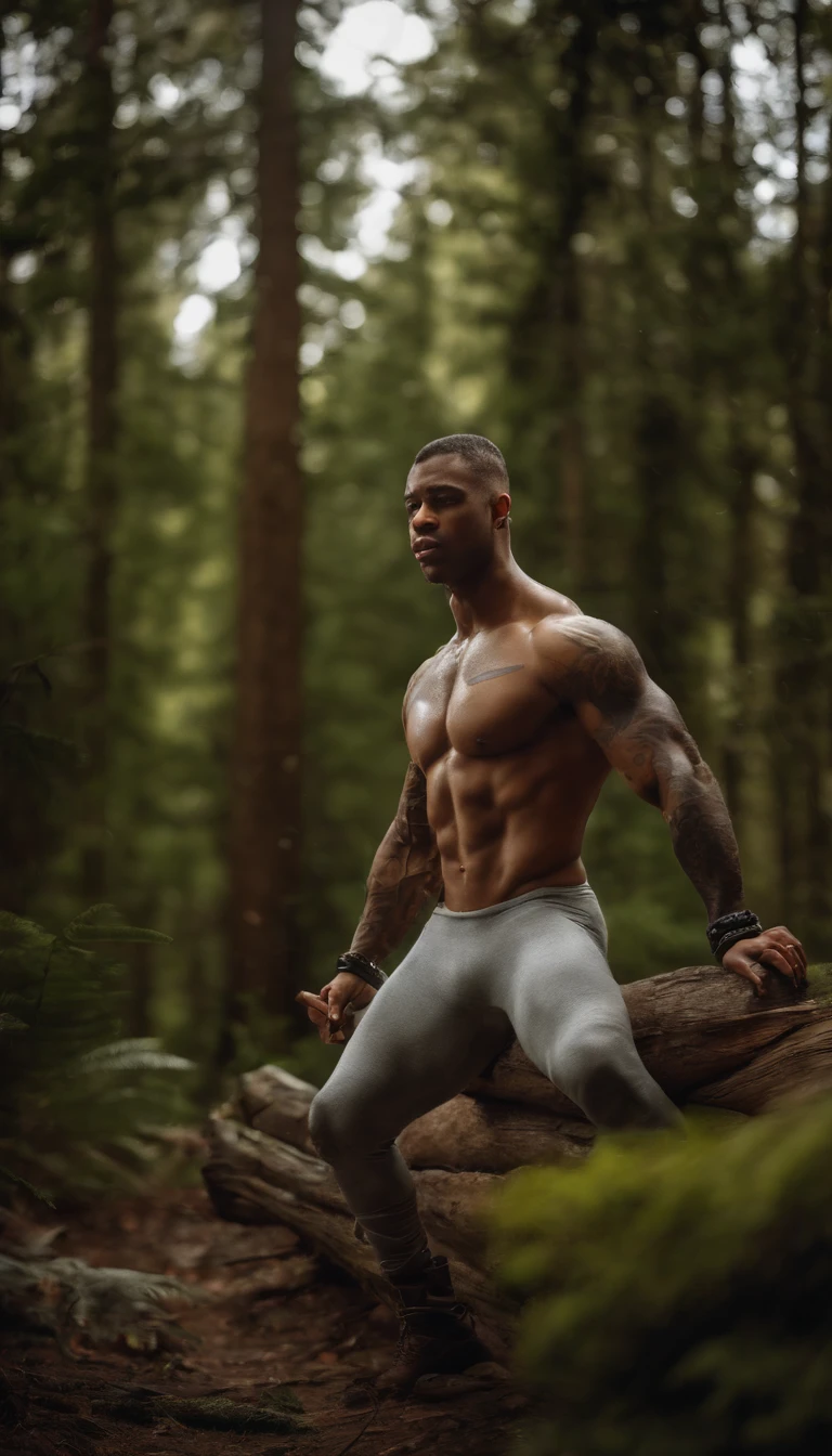 (best qualityer,highr:1.2),(ultra - detailed),(Realistic:1.37),(hdr,hyper HD),(Physically-based rendering), negroid, cybernetic body parts , miltary,(muscular physique),(motionblur),(Strong posture),negroid, Fed up with the military, at a forest