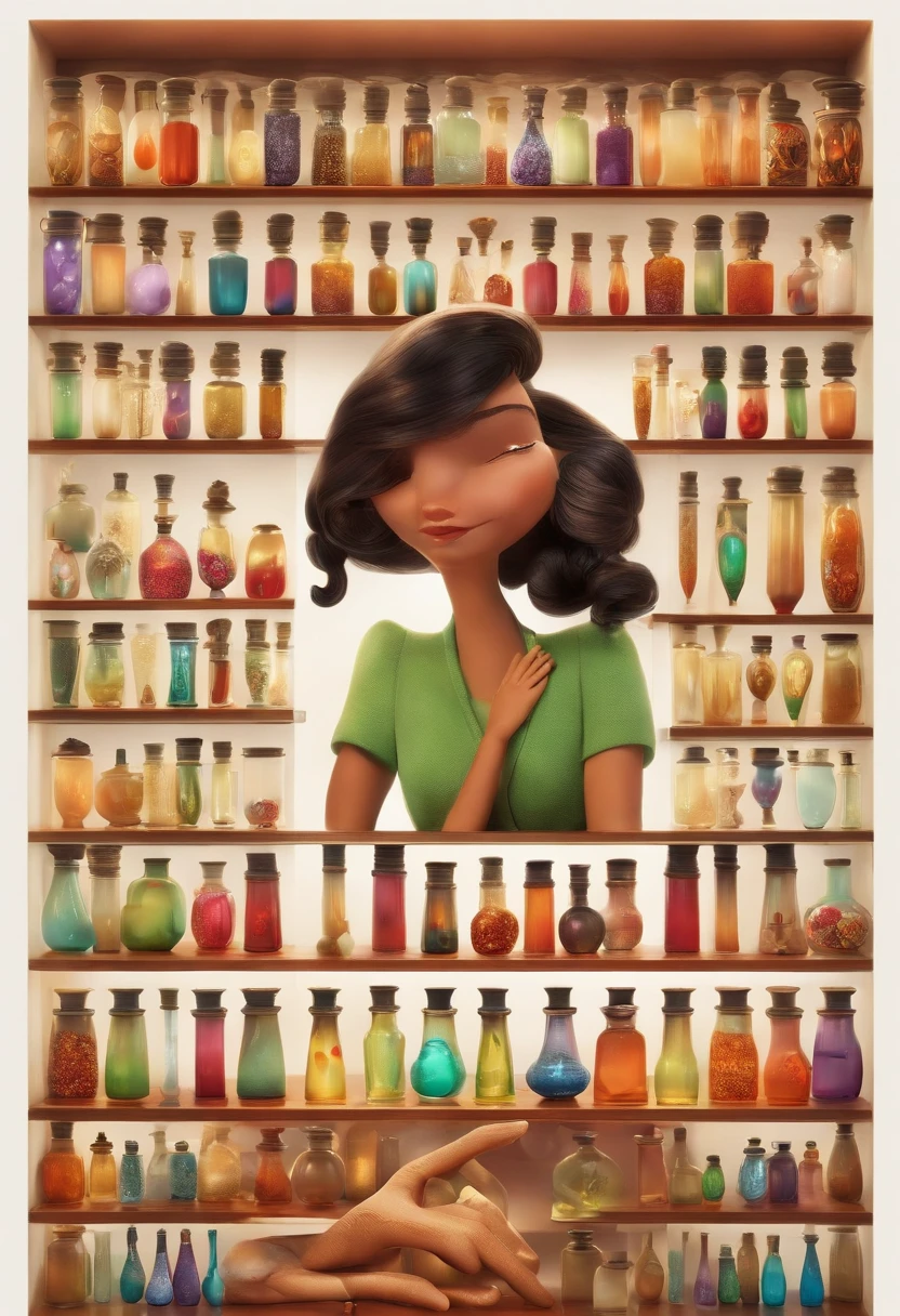 A collector of ideas inspired by Pixar animation, de perto. She is surrounded by a collection of magic vials, each containing a unique idea. The focus is on the character, with a captivating facial expression, In a flickering scenario, cores efervescentes.