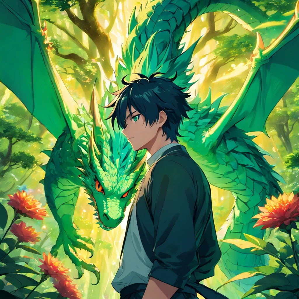 "Create a captivating and detailed front-end illustration of a male character from the 'Jujutsu Kaisen' anime series. This character possesses striking features, including jet-black hair with vibrant electric-blue hair lines and captivating green eyes that convey an air of mystery and power. He is adorned in a sleek, all-black outfit that enhances his enigmatic presence.
Place the character in the center of the composition and encircle him with a majestic green dragon. The dragon should have intricate, ethereal details and a serene yet powerful demeanor, emphasizing its connection to the character and the mysterious forest backdrop. The background features the same lush, mysterious forest, with towering trees and vibrant, otherworldly flowers that emit an enchanting glow.
The sky above should be illuminated by a warm, golden sun, and adorned with soft, billowing clouds, creating a visually stunning and harmonious scene that embodies the essence of 'Jujutsu Kaisen' and the character's enigmatic nature."