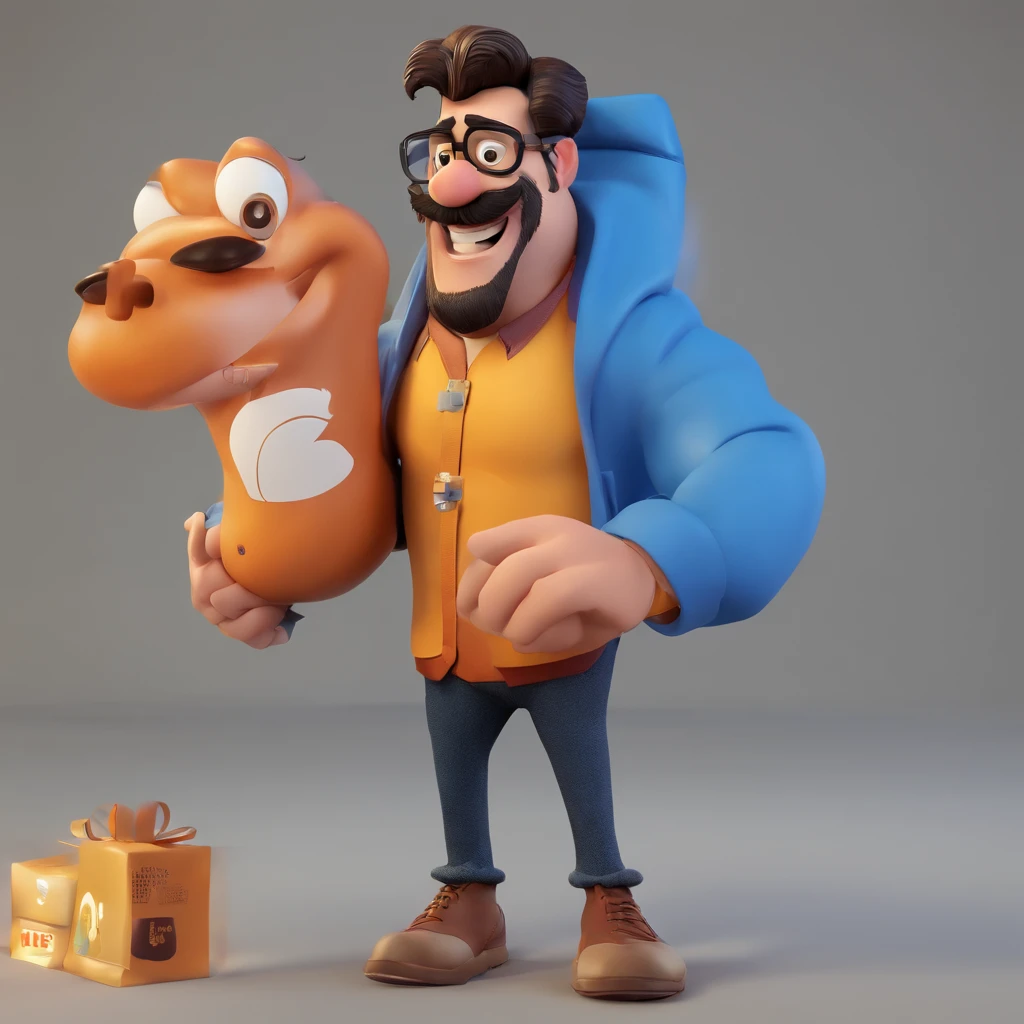 Criar um personagem no estilo Pixar. Trata-se de um homem de 38 anos, cabelo de lado grisalho, cavanhaque incompleto,black glasses, olhos castanhos e nariz grande