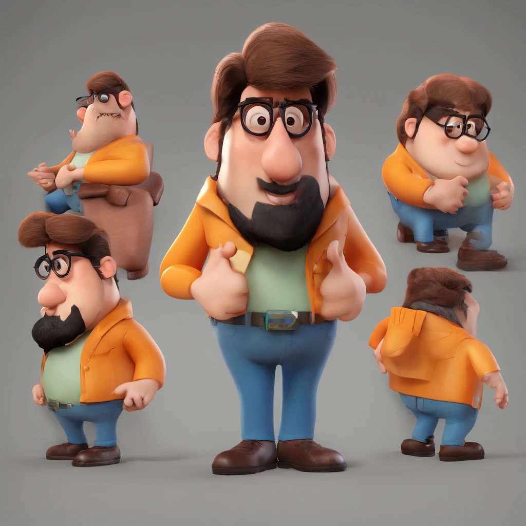 Criar um personagem no estilo Pixar. Trata-se de um homem de 38 anos, cabelo de lado grisalho, cavanhaque incompleto,black glasses, olhos castanhos e nariz grande
