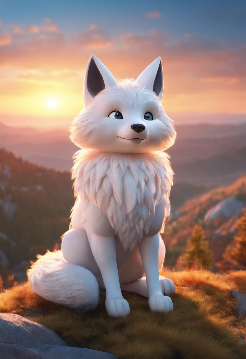 White-furred nine-tailed fox boy on top of a mountain at sunset