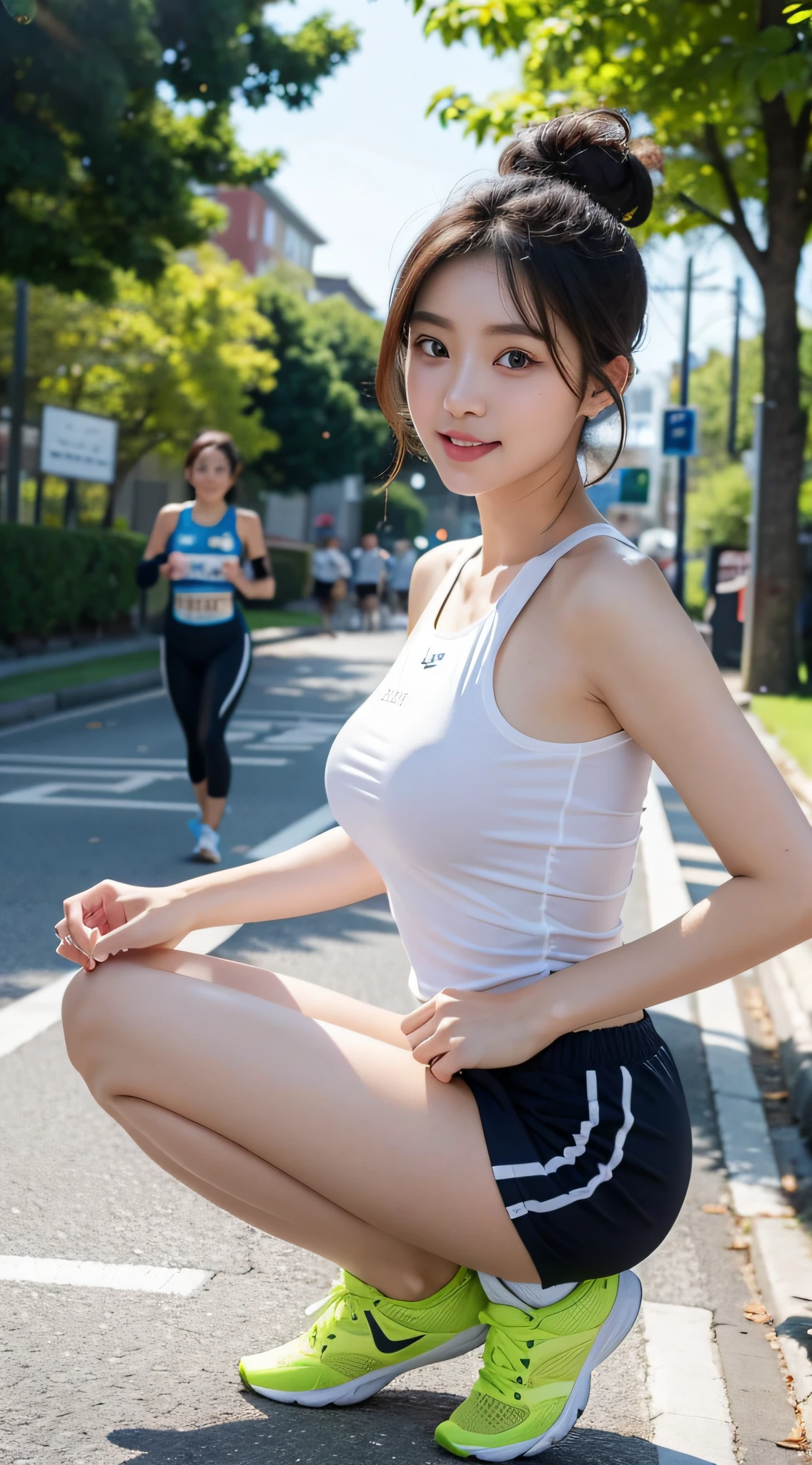 Woman, look at viewr, french braid hair , Flower Holter Dress, cleavage,  Garden landscape design, (Rim Light)、女の子1人、独奏、Running、Grey tracktop、Pink shorts、poneyTail、Athletic physique、Dynamic brush strokes、Fluid movement、Capture the essence of her athletic skills and energy、Use bright colors and soft tones to create a dreamy and fantastic atmosphere、Running movement and grace、Ponytails and clothes fluttering in the wind、Expresses the surrounding scenery。plein air、细致背景、Modern metropolis、((Beautiful perfect nipples 、Beautiful perfect areola))