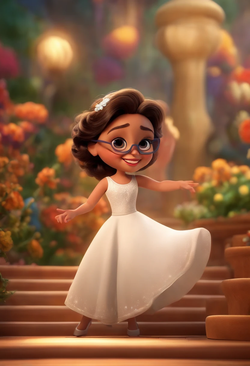 "(best quality,ultra-detalhado,Realistic:1.37),3D rendering,illustration,design de personagens,cabelos curtos e cacheados escuros,belos olhos detalhados,wearing white glasses,Estilo Pixar,morena mulher,Dancing on the Disney stage,atmosfera animada,vivid colors,luzes de palco,expression joyful"