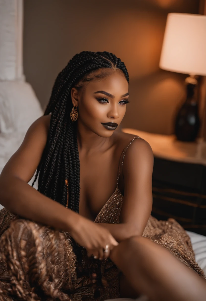 there is a woman with long hair sitting on a bed, orange braided hair, box braids, with brown skin, inspired by Chinwe Chukwuogo-Roy, detailed flawless face, with professional makeup, she is about 1 6 , black young woman, black teenage girl, long black braids, traditional makeup, black hair in braids, 8k selfie photograph