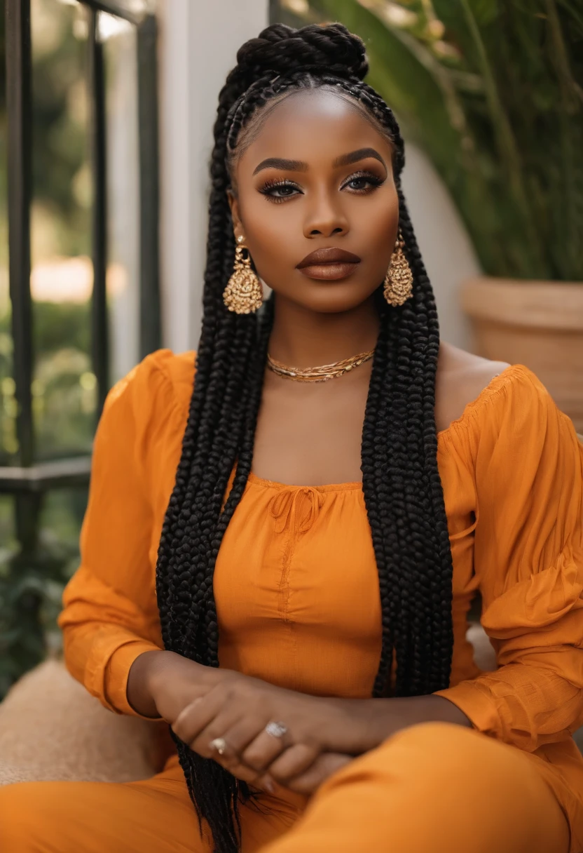 there is a woman with long hair sitting on a bed, orange braided hair, box braids, with brown skin, inspired by Chinwe Chukwuogo-Roy, detailed flawless face, with professional makeup, she is about 1 6 years old, black young woman, black teenage girl, long black braids, traditional makeup, black hair in braids, 8k selfie photograph