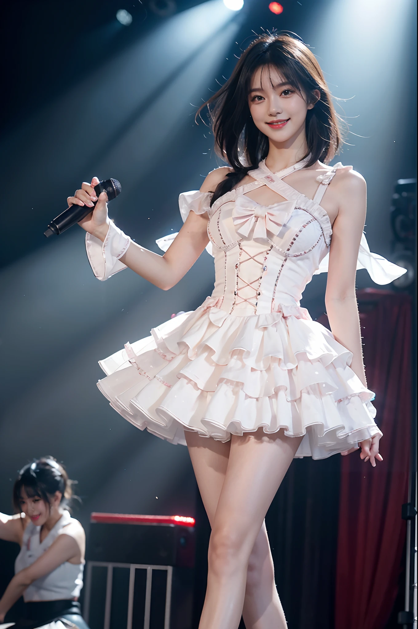 8k, highest quality, high resolution, realistic, real person, live stage with a large audience,a girls, young and cute Japanese idol, ((KARA)),shoulder length straight short black hair,small breasts, long and beautiful legs, dancing violently in various poses while smiling on stage, holding microphone in hand, revealing gorgeous costume, beautiful light up