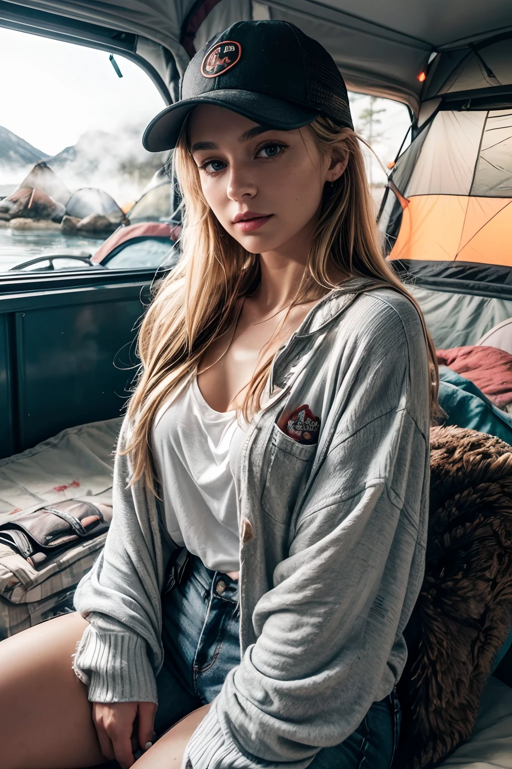 <lora:BrandyGordon_v2.1:1> BrandyGordon, beautiful girl, Kooky portraits of 2000's, typical 2000's clothing style, photography, in a camping, realistic