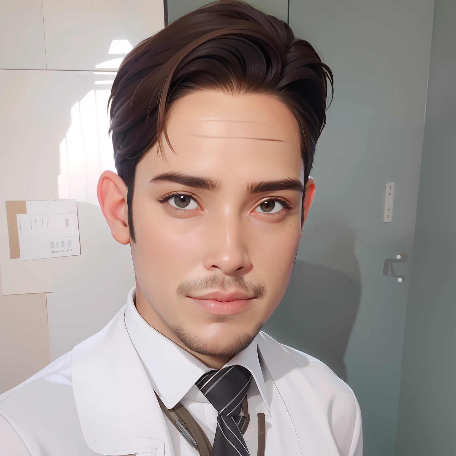 master part, best quality, 1st grade, olhos verdes, pele escura, brown hair, cabelos ondulados, short hair, Brincos, jewelries, pirata, Camisa comprida, fundo simples, sozinho, parte superior do corpo