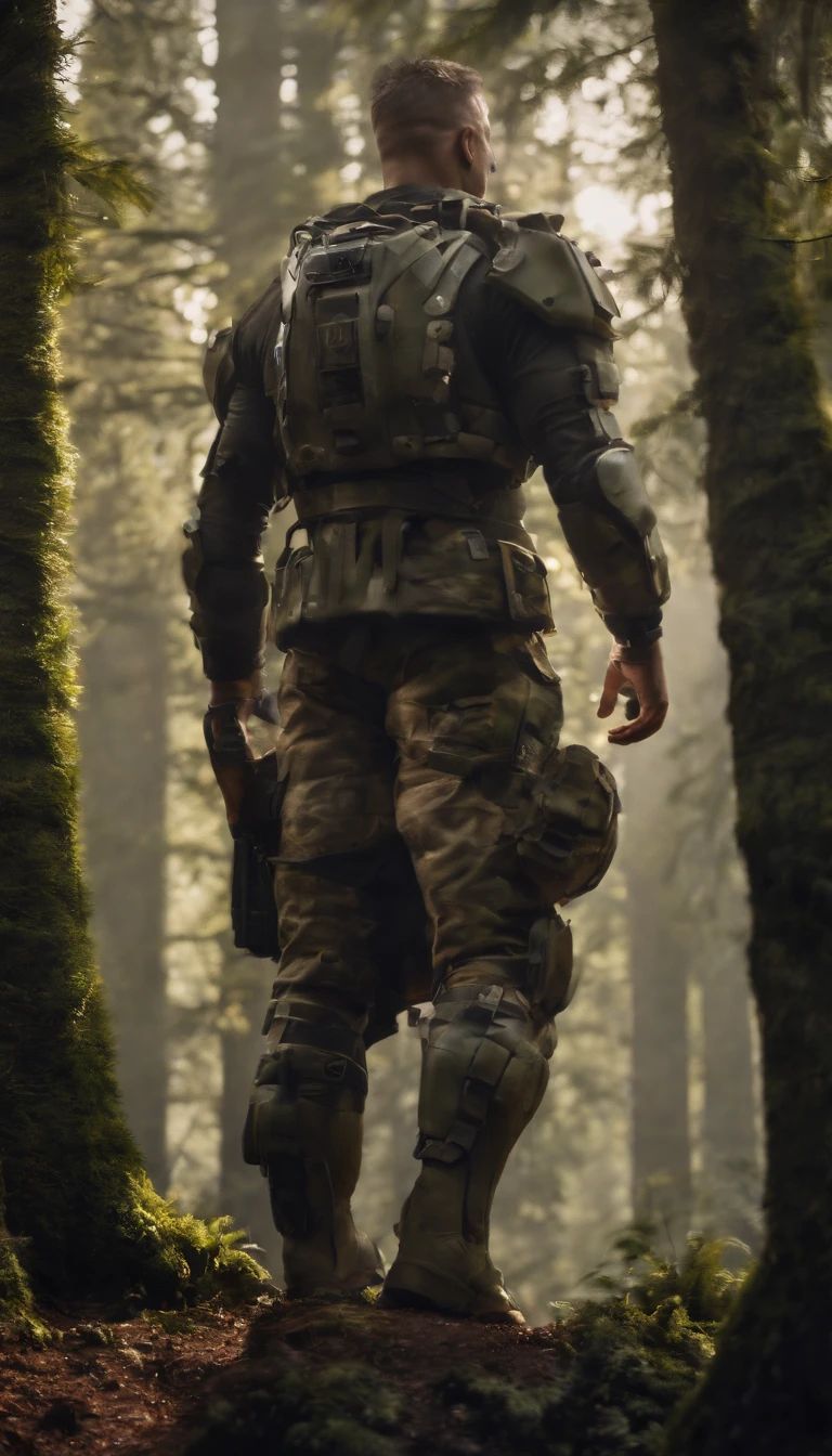 (best qualityer,highr:1.2),(ultra - detailed),(Realistic:1.37),(hdr,hyper HD),(Physically-based rendering), negroid, cybernetic body parts , miltary,(muscular physique),(motionblur),(Strong posture),negroid, Tired of the army, at a forest