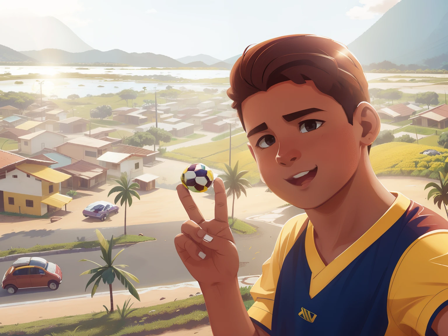 menino de 9 anos, cabelos curtos, cortados, marrons, olhos marrons, Shirt of the Brazilian national soccer team, amarela, caminhando sozinho em uma bela paisagem montanhosa no por do sol, feliz, estilo disney chanel, imagem uhd, 8k, ultra.