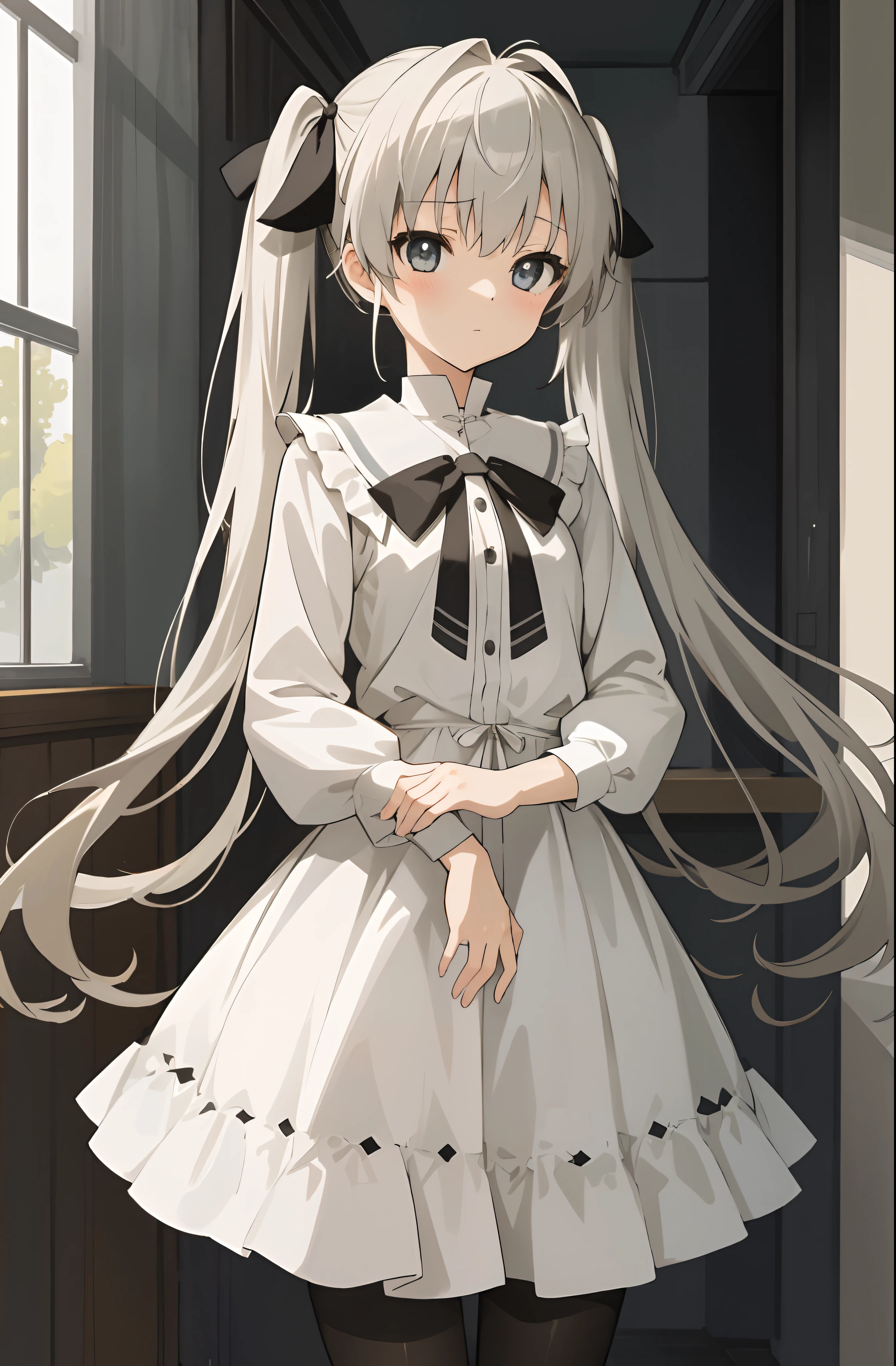 （Masterpiece，best qualtiy，A high resolution：1.5），1girl，high school senior，white skinned，Gray-black pupils，twintails，lacepantyhose，shift dresses，Delicate face，School Background，The light is bright，Sora Kasugano，Animated illustration style，pixiv popular