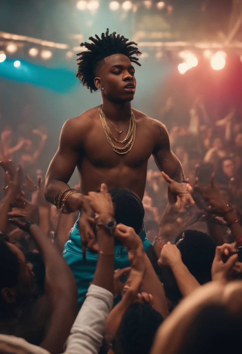 Character: Black Rapper, , Skinny, Man Rapping To Crowd, Shirtless, Hair, Braid
