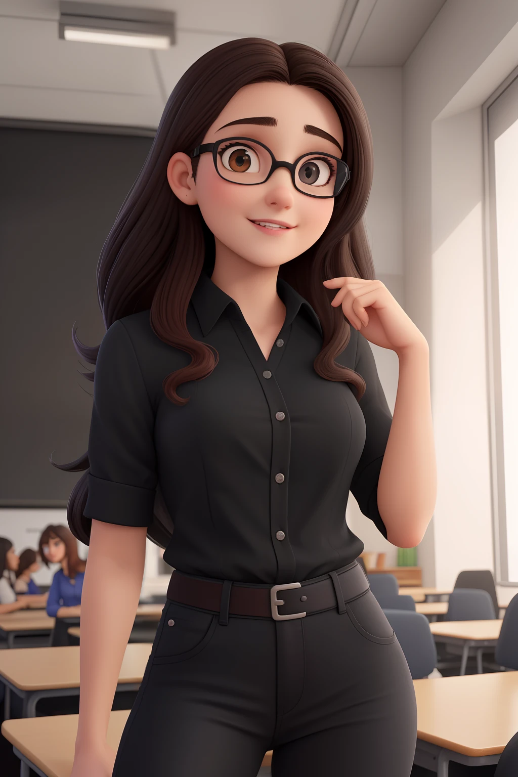 Uma mulher de 18 anos, com longos cabelos castanhos escuros , Rosto redondo, sorriso encantador, e olhos castanhos, In a classroom, studio lighting, sign language interpreter and sign language teacher. She's wearing black clothes, blouse and black jeans, wearing goggles