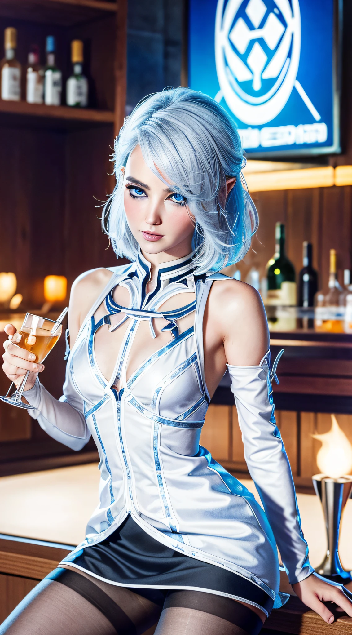 (masterpiece, best quality:1.3), BGIsobel, 1girl, short hair, blue eyes, pointy ears, drinking cocktails at the night bar, white sexy satin full circle mini dress, (black pantyhose), very coherent symmetrical artwork, by Range Murata, artgerm, digital illustration, beautiful
