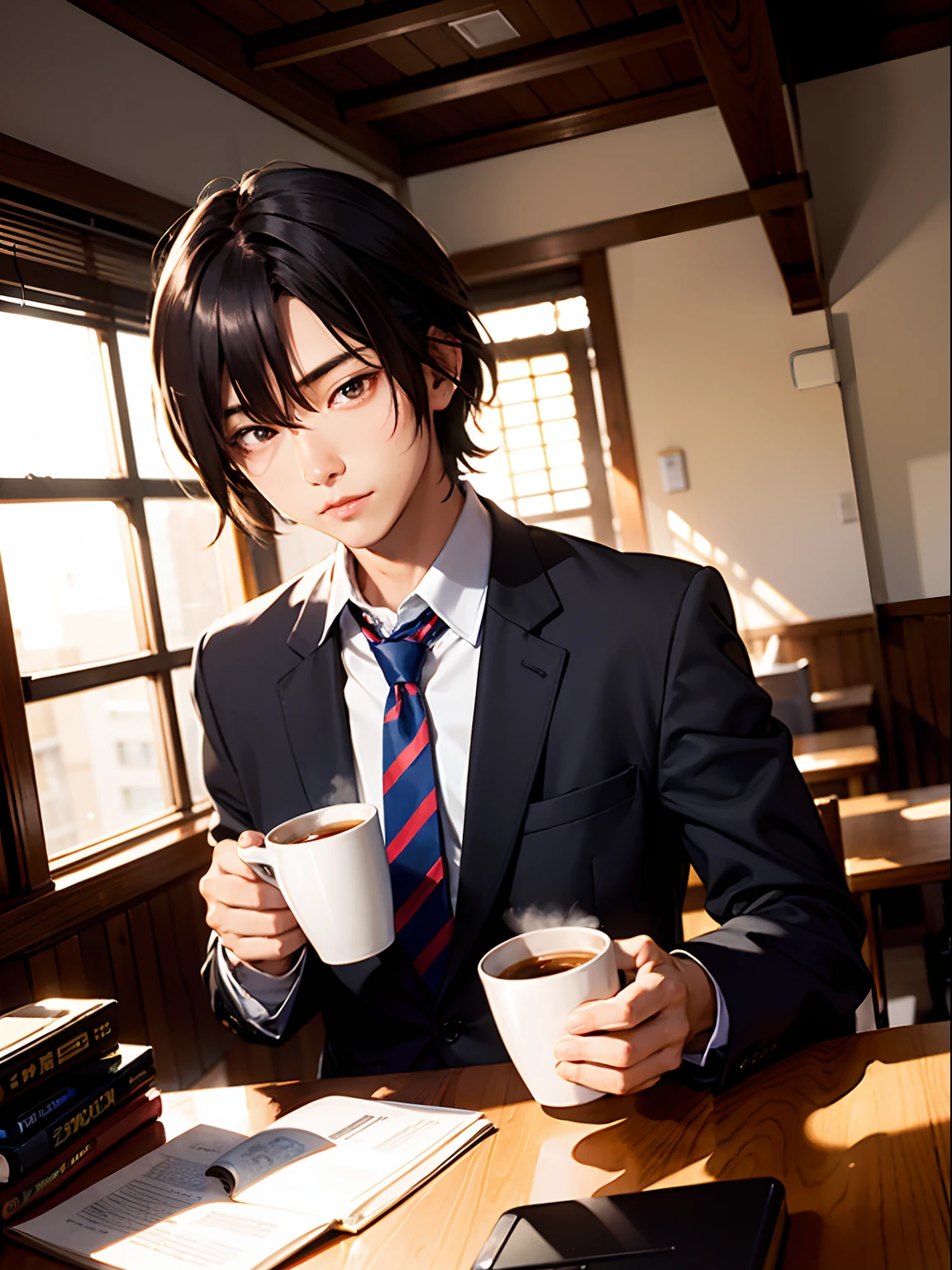２０Man of the Age、A dark-haired、Brown hair、Drinking coffee、chum、Brightly colored ties、Cluttered rooms、Twilight,Natural lighting、hightquality、masutepiece,8K,hight resolution、
