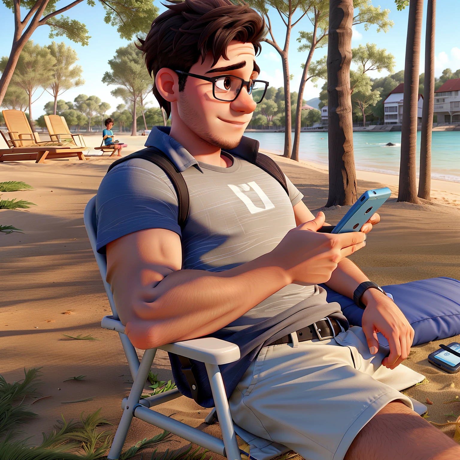A young man sitting on a beach chair with a cell phone in his hand