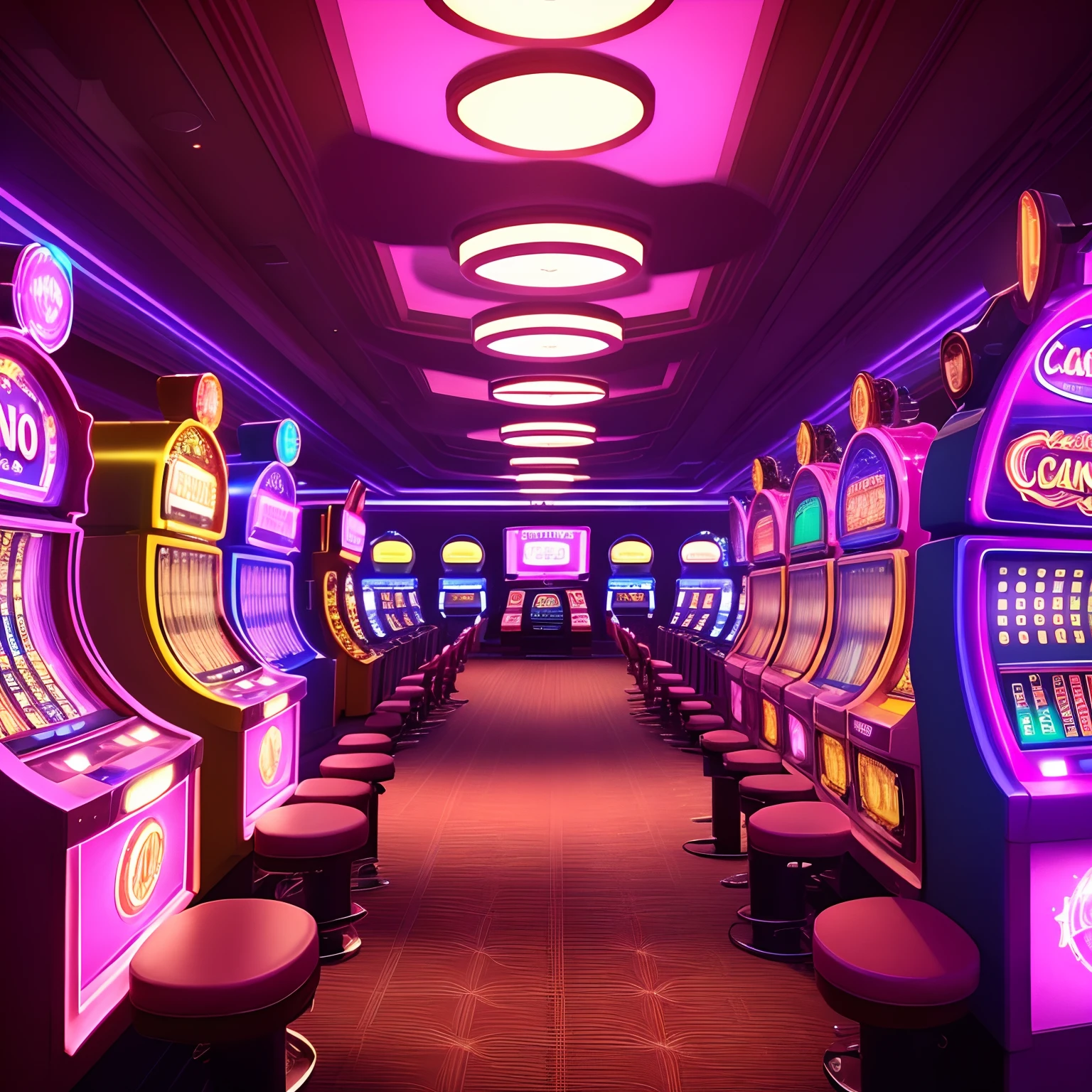Casino background with various machines and pink led lights