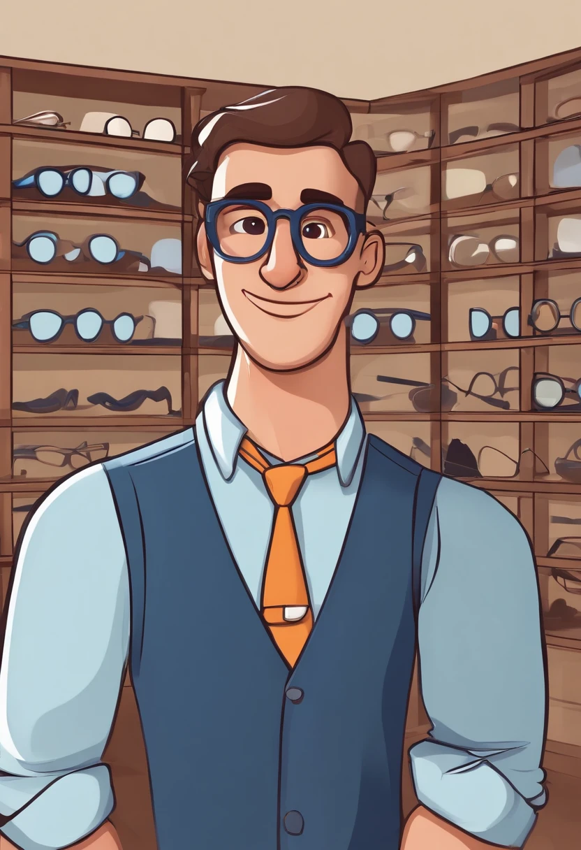 Cartoon character of a man working with eyeglass frames in an eyeglass shop, camisa azul, Working in an eyewear store with eyeglass side shelves, on the character's shirt a badge with the name BRUNO GLASSES. animation character, Caractere estilizado, animation style rendering, 3D estilizado, Arnold Maya render, 3 d render stylized, toon render keyshot, Personagem 3D, Personagem 3D, 3d rendering stylized, 3 d character render, personagem de desenho animado, Personagem de close up, Pose de personagem, (Estilo Pixar) (master part:1.2) (Bokeh) (best quality) (pele detalhada) (textura detalhada) (8k) (argila) (Cinematic lighting) (foco nítido
