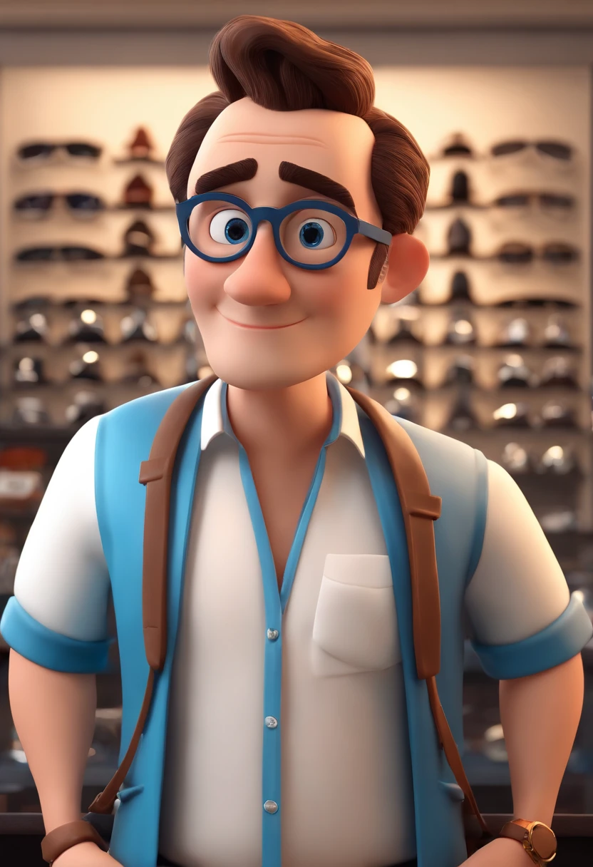 Cartoon character of a man working with eyeglass frames in an eyeglass shop, camisa azul, Working in an eyewear store with eyeglass side shelves, on the character's shirt a badge with the name BRUNO GLASSES. animation character, Caractere estilizado, animation style rendering, 3D estilizado, Arnold Maya render, 3 d render stylized, toon render keyshot, Personagem 3D, Personagem 3D, 3d rendering stylized, 3 d character render, personagem de desenho animado, Personagem de close up, Pose de personagem, (Estilo Pixar) (master part:1.2) (Bokeh) (best quality) (pele detalhada) (textura detalhada) (8k) (argila) (Cinematic lighting) (foco nítido
