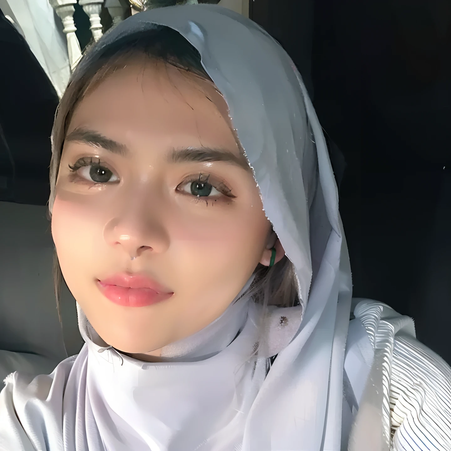 1 lady, 20 years old, best body, wearing pink hijab, hijab covers whole hair, wearing brown sweater, off shoulder, warm lighting , sitting in car, seat belt, night time, casual wear, close shot, shot from high angle, wearing big necklace, shiny skin, big breast (huge breast 1.6)