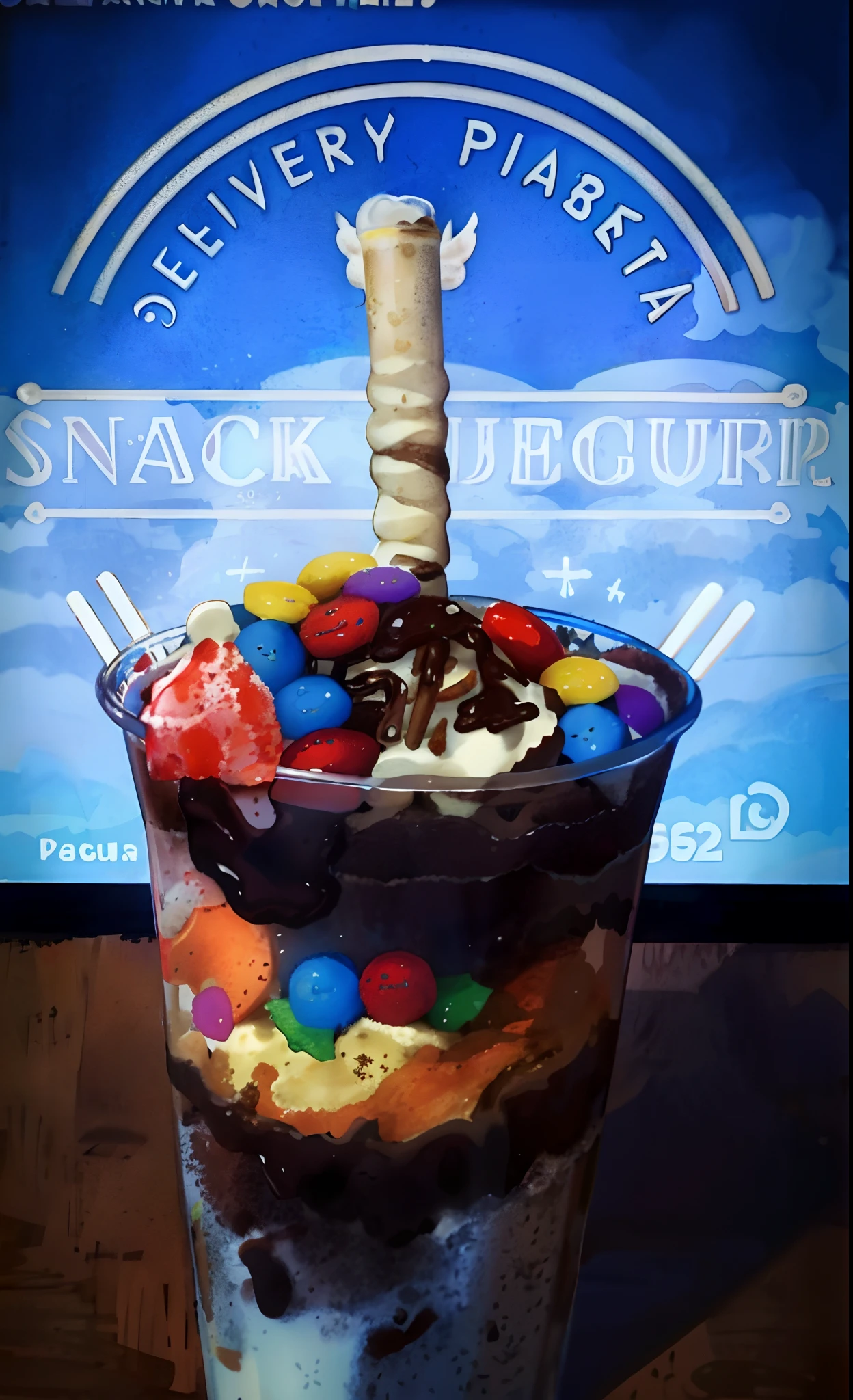 There's a dessert in a cup with a straw and a spoon, ❤🔥🍄🌪, milkshake, Mar de Parfait, sorvete ao lado, Lanches, delicioso, description, Floresta Negra, Burger mixes jellyfish, Escuro!!!, Lama!!, Directed by: Bernat Sanjuan, deviantar, deserto!!!, Lama))