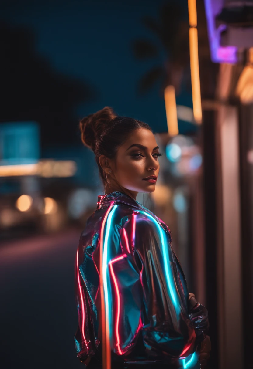 1girl, cabelos loiros, Gemo_Ouvidos, bicho_Ouvidos, sozinho, Escuro_pele, then_pele, neon neon neon, futurista, summer jacket, sakura caindo, Estilo Retremo, Olhando_em_visualizador, The cinememographic lighting, delineador, maquiagem, emocional, altamente detalhado, tiro largo, foco nítido, Anel luminoso, Rim lighting, OcThene Rendering, Anel luminoso, Rim lighting, Nvinkpunk, SamdoesArts