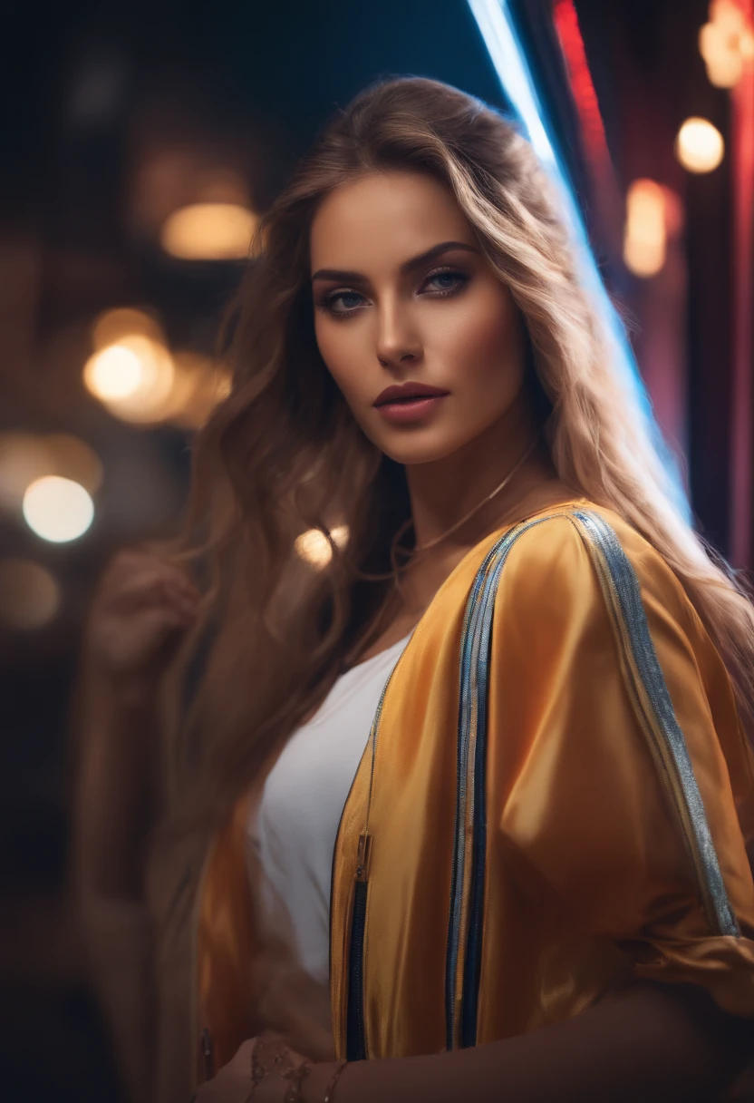 1girl, cabelos loiros, Gemo_Ouvidos, bicho_Ouvidos, sozinho, Escuro_pele, then_pele, neon neon neon, futurista, summer jacket, sakura caindo, Estilo Retremo, Olhando_em_visualizador, The cinememographic lighting, delineador, maquiagem, emocional, altamente detalhado, tiro largo, foco nítido, Anel luminoso, Rim lighting, OcThene Rendering, Anel luminoso, Rim lighting, Nvinkpunk, SamdoesArts