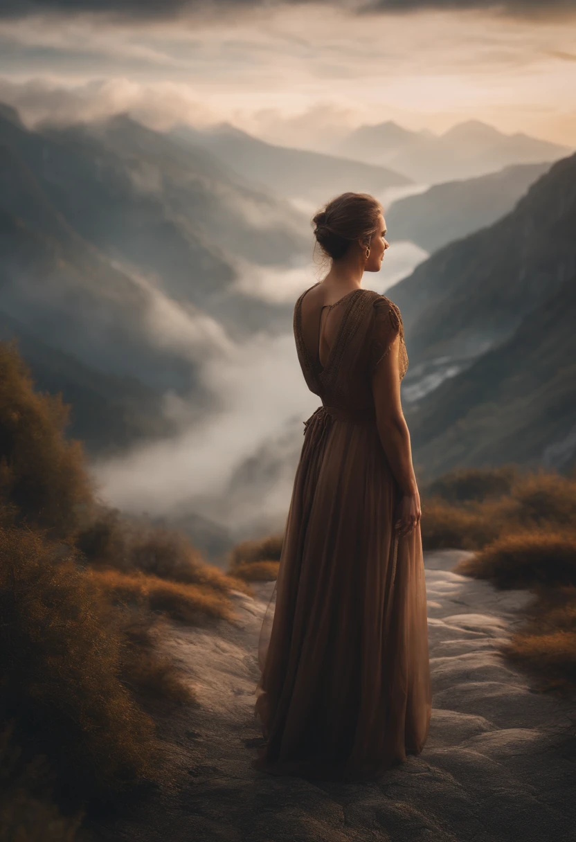 there is a woman standing on a path in the mountains, a detailed matte painting, fantasy art, a wanderer on a mountain, wanderer above the sea of fog, cinematic matte art, wallpaper 4k, elegant cinematic fantasy art, epic dreamlike fantasy landscape