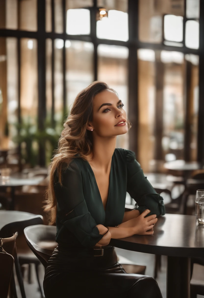 .Half-body photograph of a beautiful and attractive woman in a modern café with many windows ::3 Moda, Forma moderna - roupa que acentua seu corpo perfeito ::2 Fotografia capturada usando uma Canon 6D Mark II com uma lente de 85mm em f/ 4 e ISO 100 ::3 Tiro de glamour, Fotografia premiada, foco nítido, dynamic lighting ::1