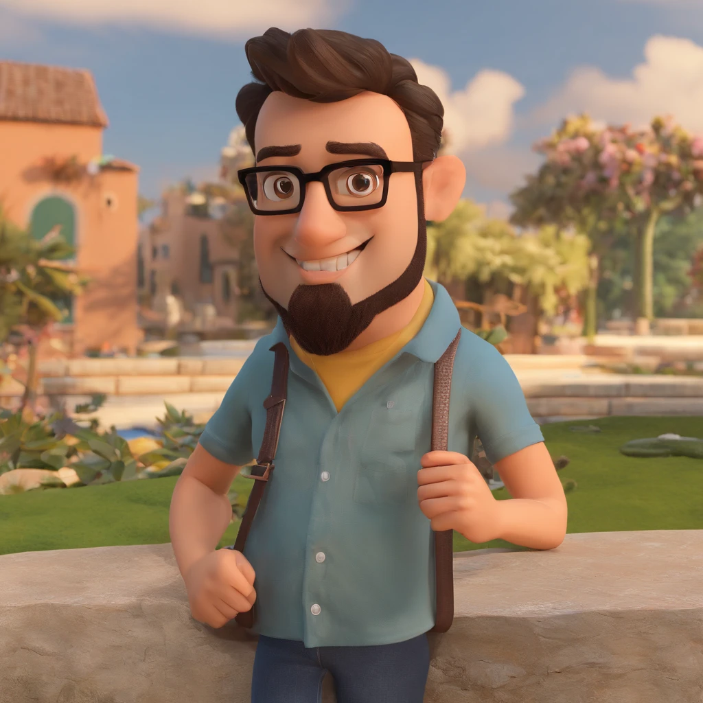 Criar um personagem no estilo Pixar. Trata-se de um homem de 38 anos, medium stature, and average body size, black glasses, cabelos grisalhos de lado, barba embaixo do Queixo e bigode e nariz grande, usa bermuda preta e camisa branca, com uma faixa em diagonal