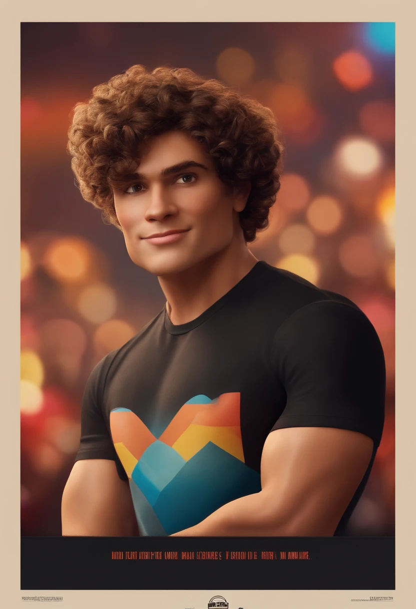 Film Marketing 2023 Estilo de filme da Pixar, Com nome "N - Marketing", poster, com curta, Curly brown hair and a black t-shirt in front of his crossed arms, Espanique