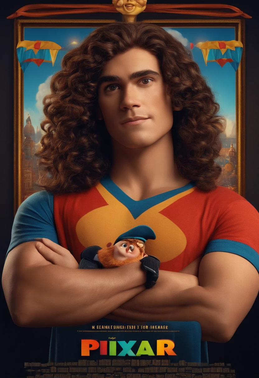Film Marketing 2023 Estilo de filme da Pixar, Com nome "N - Marketing", poster, com curta, Curly brown hair and a black t-shirt in front of his crossed arms, Espanique