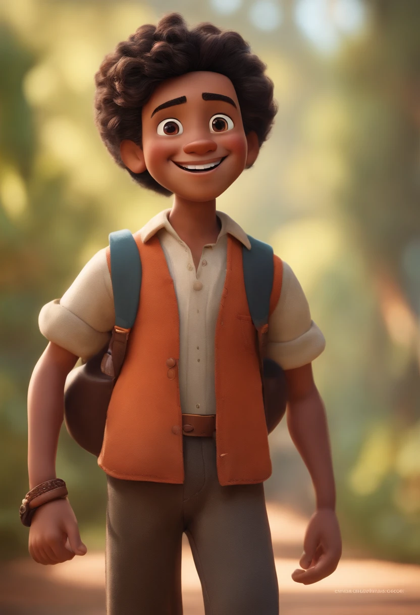Image of a small man for a story in a YouTube video in Pixar format, com cabelo preto ondulado, slightly Asian eyes and big smile and failed beard