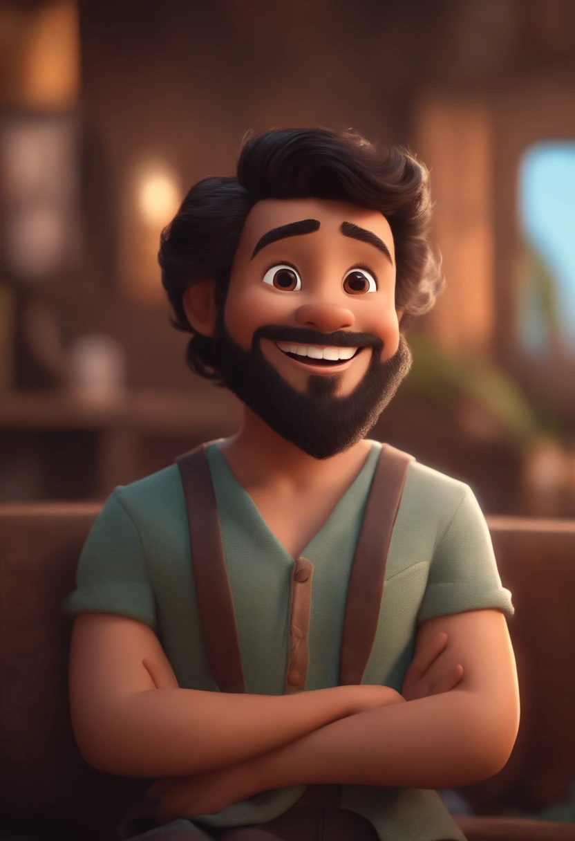 Image of a small man for a story in a YouTube video in Pixar format, com cabelo preto ondulado, slightly Asian eyes and big smile and failed beard