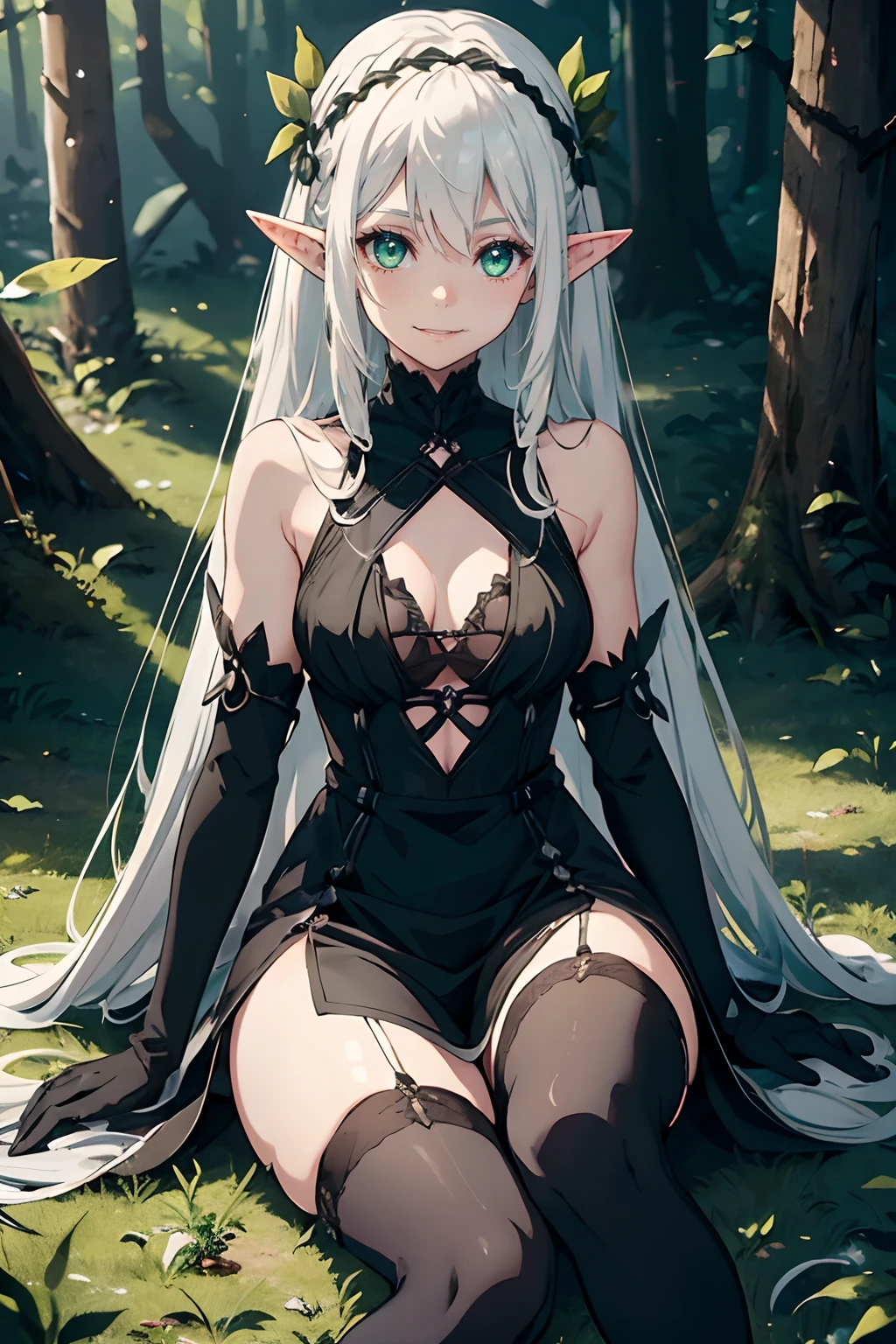1girl, elf, pointy ears, green glowing eyes, white hair, long hair, goddess of the nature, black see-through dress, black Thighhighs, black Elbow gloves, sits on the floor, in forest, smile brightly