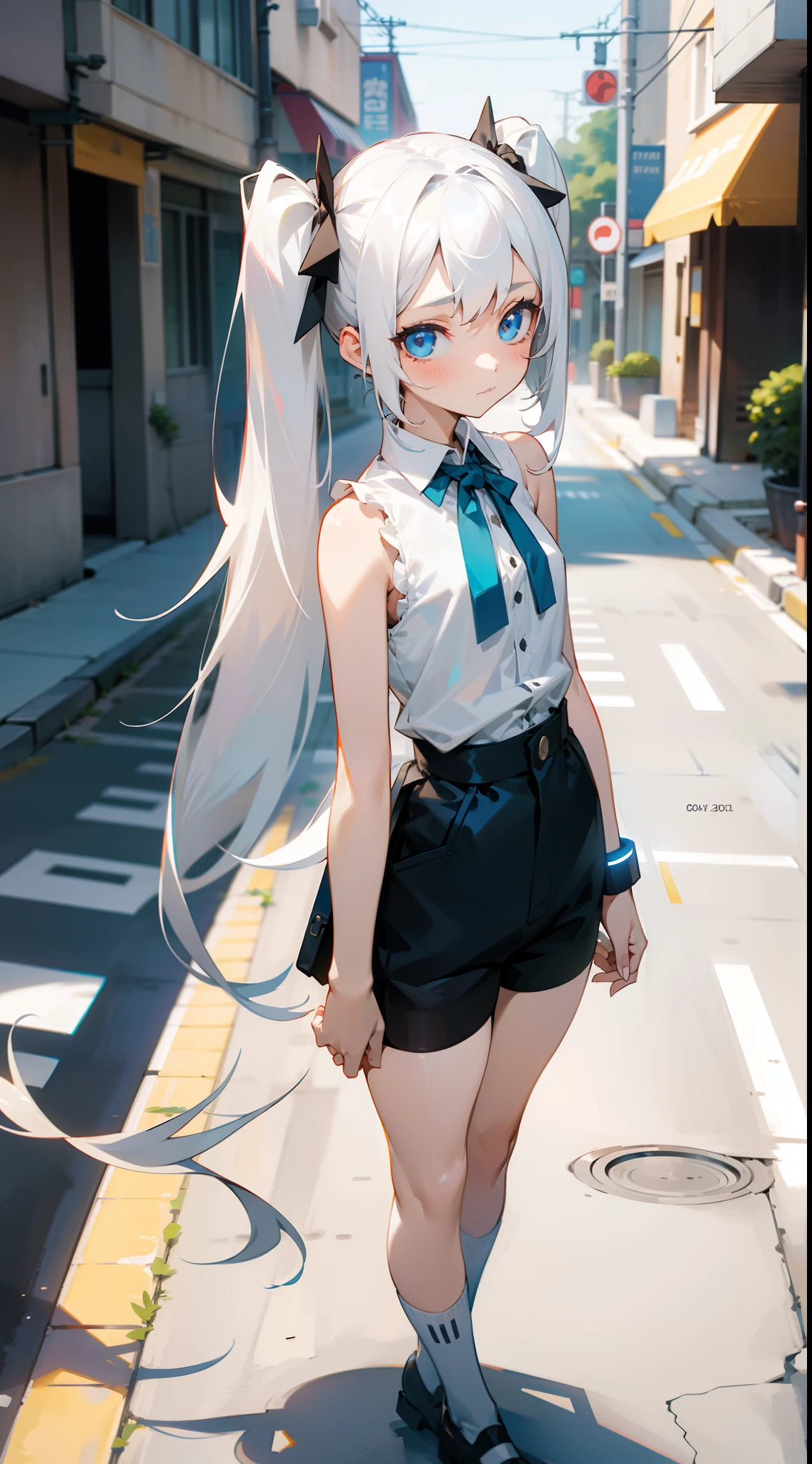 Android girl, shy face,20s,white shirt,black shorts,white hair,long twintails hair,blue eyes,sleeveless,standing in a street