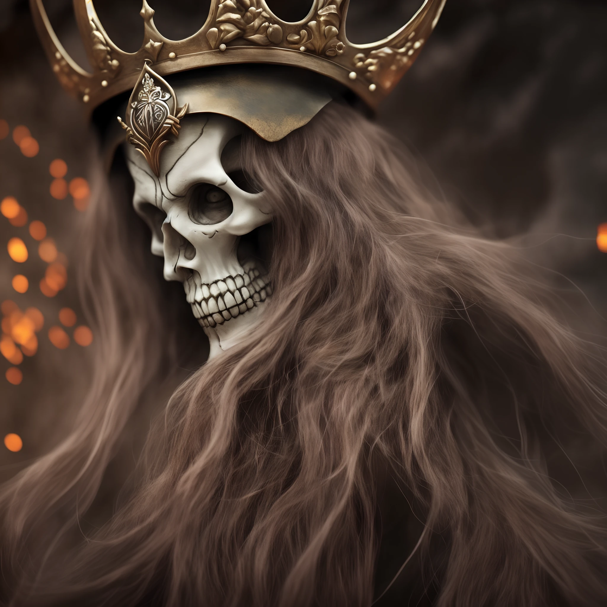 create an animated scene of a ghost with full skeleton body, eyes missing, loosy hair, wear a Viking shoot and a crown in the head chasing a woman in the Rocky cave tomb --auto --s2