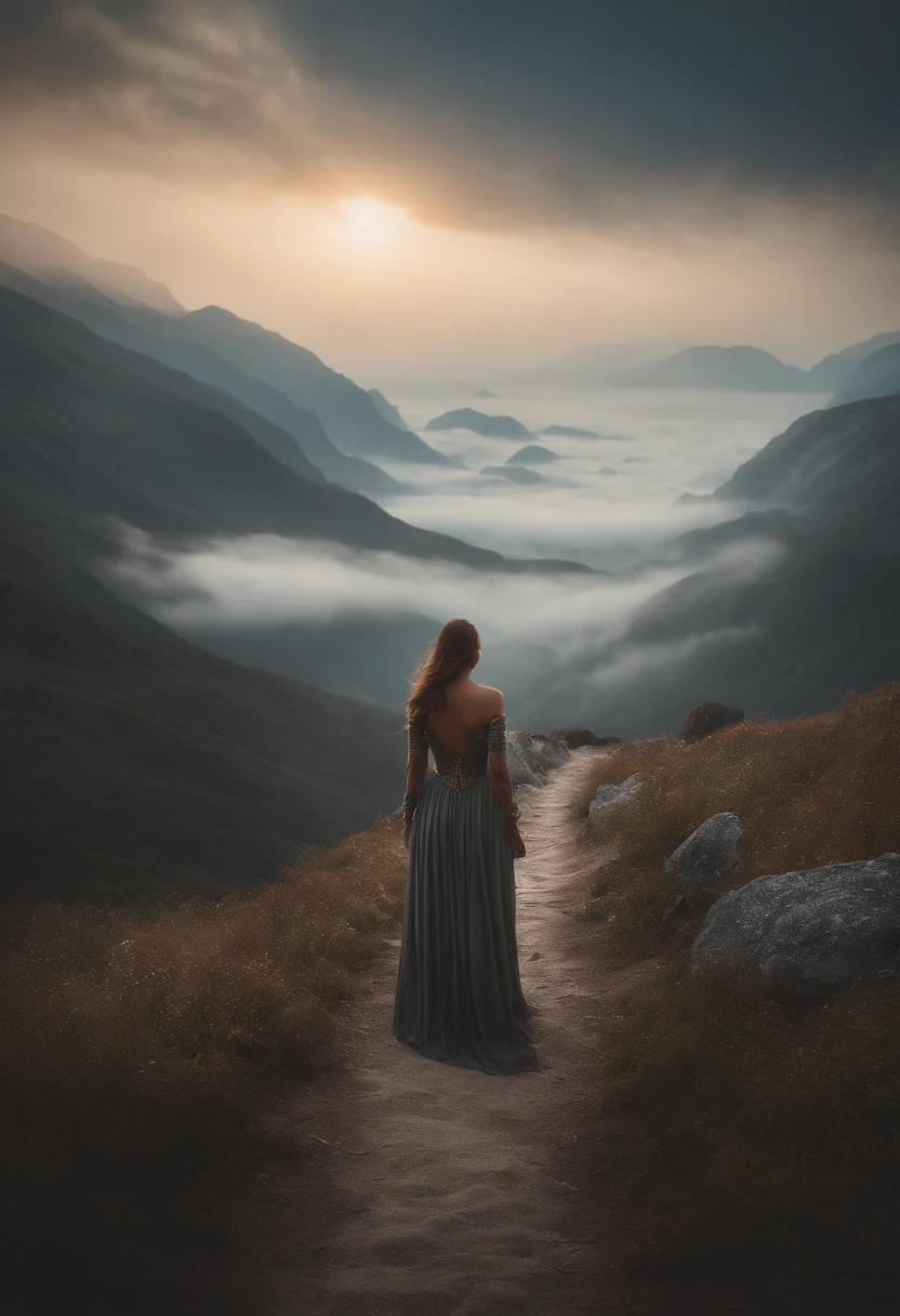 there is a woman standing on a path in the mountains, a detailed matte painting, fantasy art, a wanderer on a mountain, wanderer above the sea of fog, cinematic matte art, wallpaper 4k, elegant cinematic fantasy art, epic dreamlike fantasy landscape
